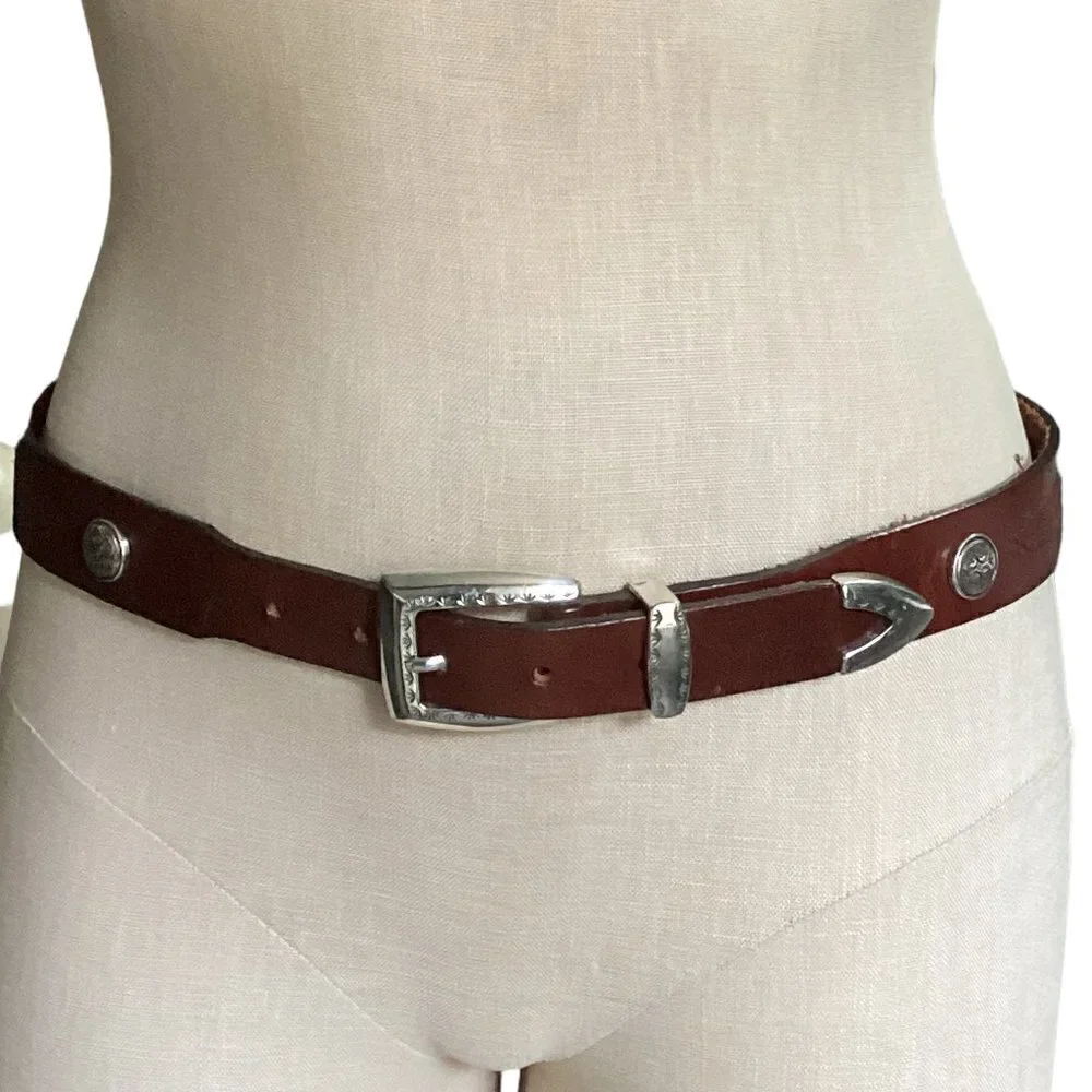 VTG Leegin USA 34-38 Western Belt Brown Hand Tooled Leather‎ Silver Conchos 29S